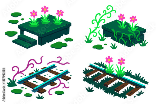 Abandoned Railway Bloom. Isometric vector illustration set Abandoned Railway Bloom: abandoned platforms, glowing flower clusters,