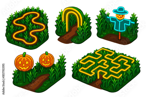 Neon Corn Maze Adventure. Isometric vector illustration set Cornfield Maze: winding corn pathways, glowing entrance arches, neon