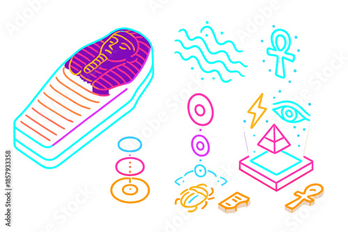 Neon Sarcophagus Illustration. Isometric vector illustration set Sarcophagus Hum Diagram: neon sarcophagus lid, glowing hum lines,