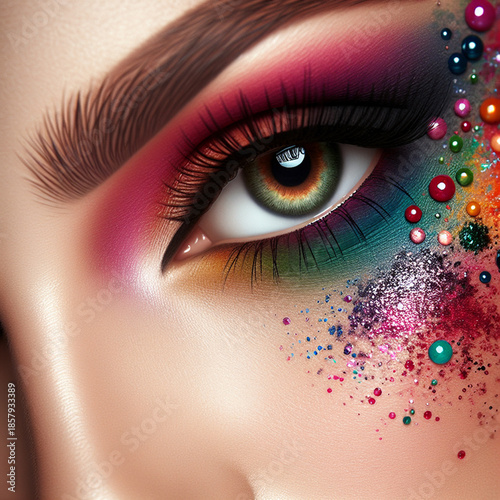 Creative close-up beauty portrait of female eye with colorful artistic makeup