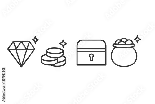 Valuable Objects Icons. Line style icons of Valuable Objects: gem outline, coin arc, small trove shape, simple container, subtle