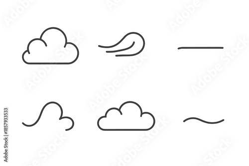 Line Style Sky Shapes. Line style icons of Sky Shapes: airy puff, soft wisp, light haze, curved vapor, gentle cloudline, minimal