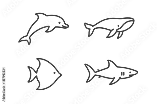Sea Creature Icons. Line style icons of Sea Creatures: flowing shape, calm swimmer, subtle body line, fin pair, curved tail,
