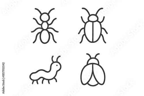 Minimalist Insect Icons. Line style icons of Insects: small crawler, curved antennae, soft body line, tiny legs arc, delicate