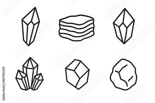 Mineral Line Icons. Line style icons of Minerals: geometric shard, layered stone, sharp edge, clustered form, subtle facet,