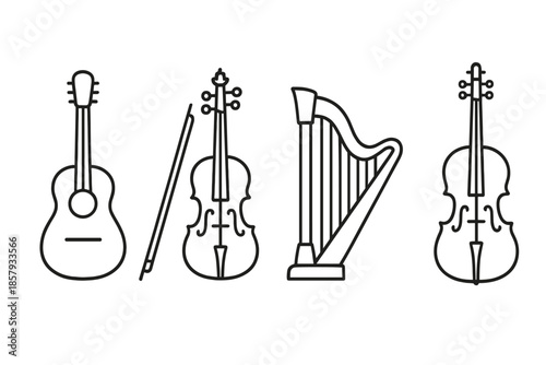 Minimalist Instrument Icons. Line style icons of Musical Instruments: string outline, curved body form, soft bow line, minimal