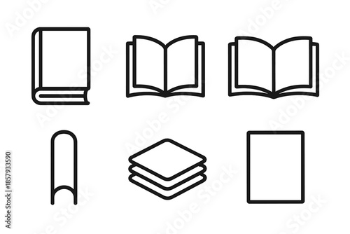 Tome Line Icons. Line style icons of Tome: closed tome, open tome, page spread, spine curve, layered pages, simple cover. No text,