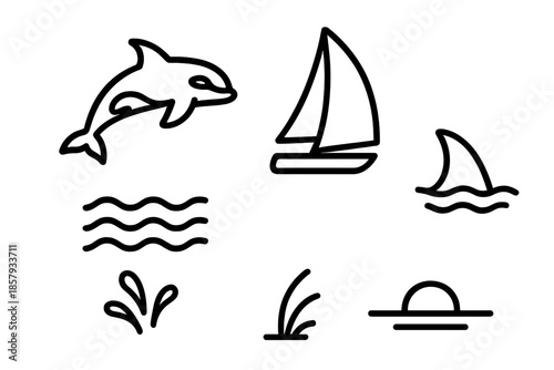Orca in Ocean Lines. Line style icons of Orca Sail Ocean: orca silhouette, sail shape, ocean waves, dorsal fin arc, splash marks,