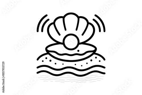 Seabed Gem Icon. Line style icons of Seabed Shell Gem: oyster-like shape, inner pearl, sand layer, tiny grit, tide arcs, sea