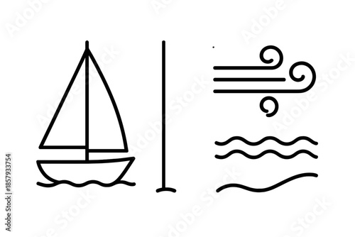 Sailboat Line Art. Line style icons of Sailboat Wind Mast: sailboat silhouette, tall mast, blowing wind, waved sea, hull curve,