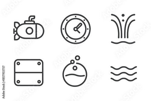 Bathysphere Icon Design. Line style icons of Bathysphere Hatch Route: compact sub shape, hatch circle, pressured water arcs, hull