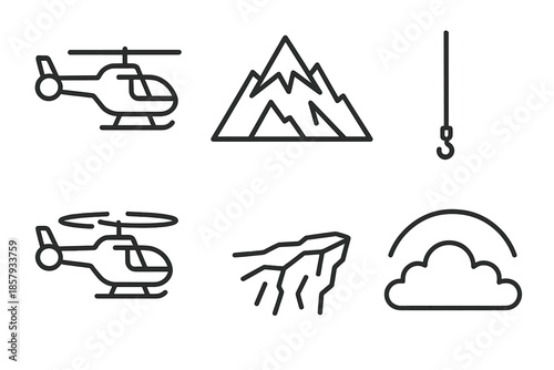 Mountain Liftoff Icons. Line style icons of Mountain Liftoff Crew: chopper outline, jagged summit, hoist line, rotor blur, rocky