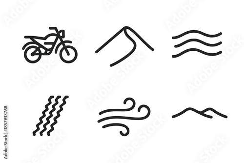 Desert Moto Icons. Line style icons of Desert Moto Climb: motorbike form, steep dune, sand waves, tire marks, breeze strokes,