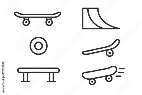 Skateboard Park Icons. Line style icons of Skateboard Park Wheel: skateboard silhouette, park ramp, rolling wheel, deck curve,