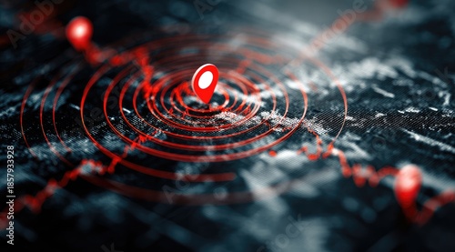 Abstract map with red markers and concentric circles on a blurred background