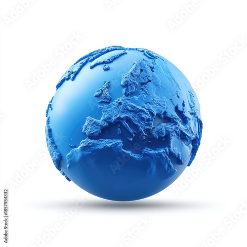Blue globe featuring Europe with exaggerated topography, isolated on white