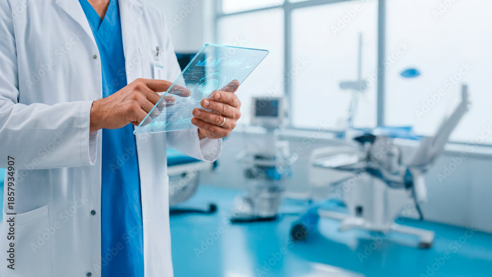 Fototapeta premium Profissional de saúde utilizando inteligência artificial em tablet com interface médica digital em ambiente hospitalar moderno com espaço para textO