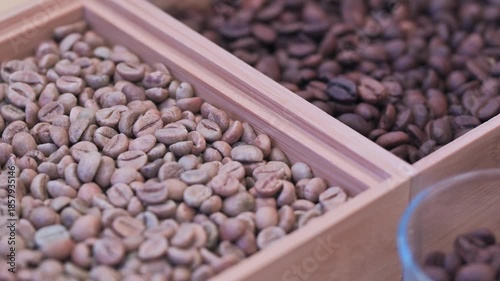 Cofee beans in a wooden bowl