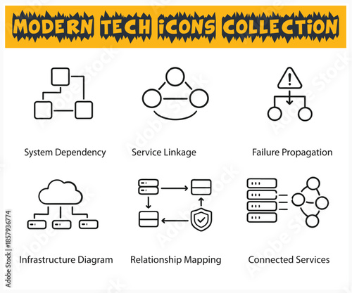Modern tech icons collection displaying system dependencies service linkages and network connectivity