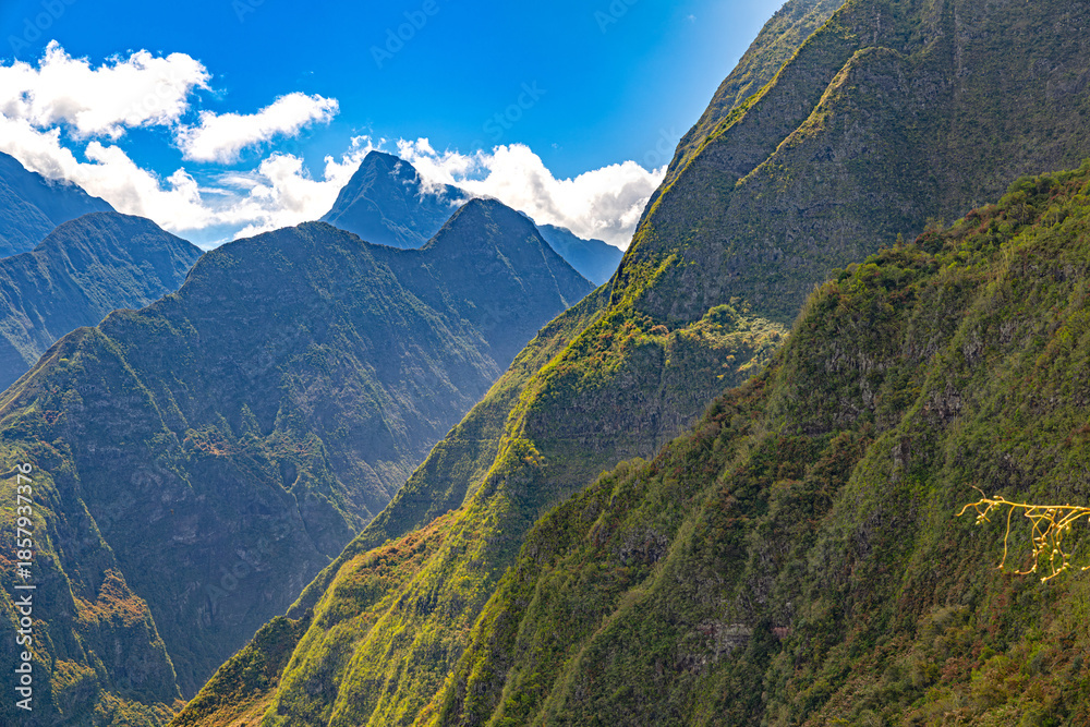 Fototapeta premium Mafate Circus Galets river and mountains in Reunion Island in Indian Ocean