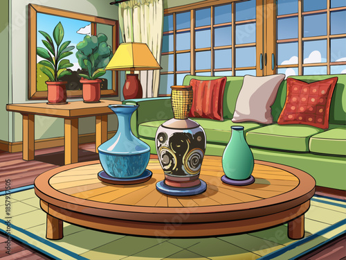 Ceramic vases on simple wooden coffee table in beautiful living room, real photo