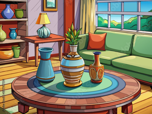 Ceramic vases on simple wooden coffee table in beautiful living room, real photo