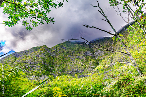 Mafate Circus Galets river and mountains in Reunion Island in Indian Ocean