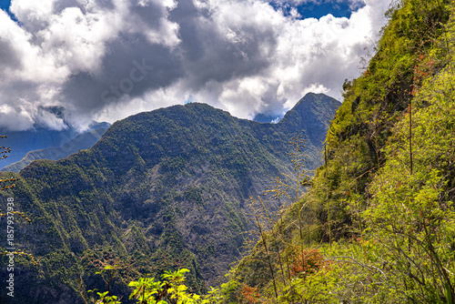 Mafate Circus Galets river and mountains in Reunion Island in Indian Ocean