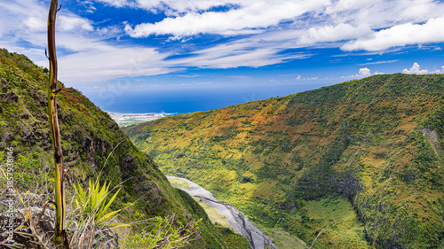 Mafate Circus Galets river and mountains in Reunion Island in Indian Ocean
