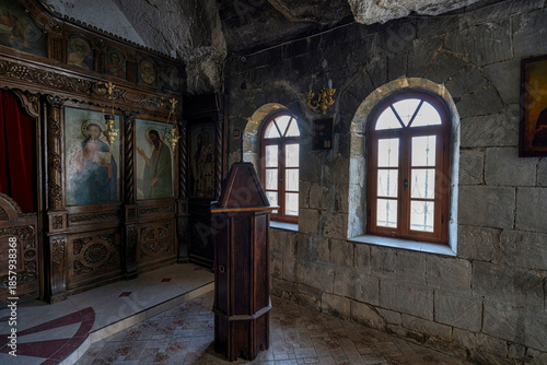 Dim Orthodox Cave Church with Arched Windows
