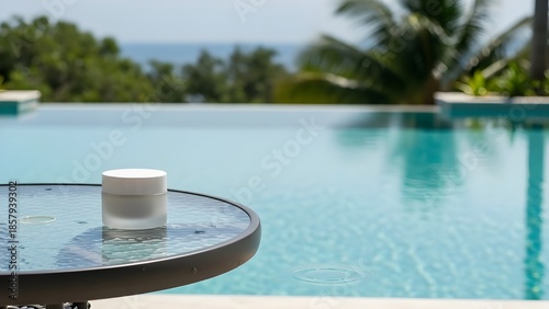 Luxurious skincare product by serene poolside setting