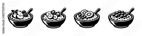Breakfast vector icons set. oatmeal, cereal, fruit bowls collection