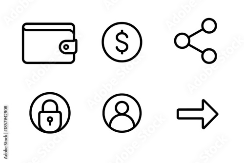 Digital Wallet Icons. Line vector icons of embedded digital wallet: flat wallet shape, digital coin, link nodes, protected lock