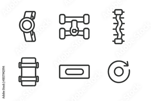 Medical Recovery Exosuit Icons. Line vector icons of medical recovery exosuit: knee support ring, hip actuator, spine assist bar,