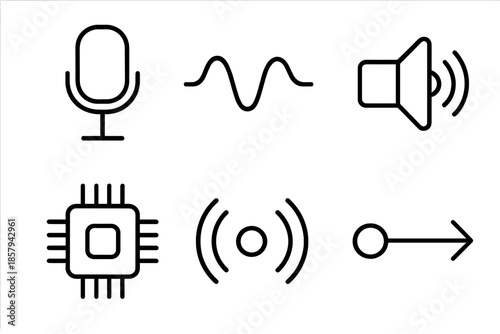 Line Vector Audio Icons. Line vector icons of artificial announcer audio: mic capsule, smooth wave path, digital chip, radiating