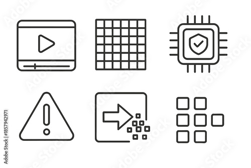 Digital Forgery Icons. Line vector icons of digital forgery analysis: video frame, mesh pattern, detection chip, error sign,