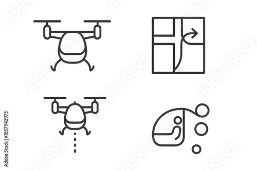 Aerial City Taxi Icons. Line vector icons of aerial city taxi service: small eVTOL frame, twin rotors, city block contour, lift