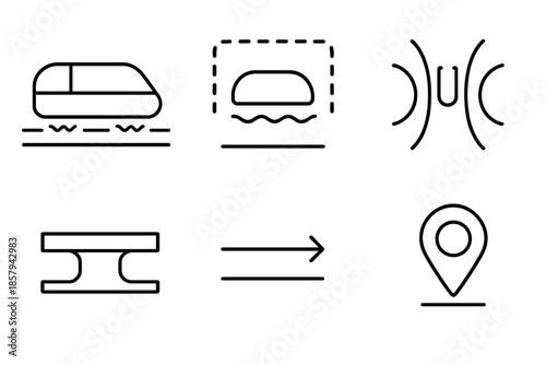 Magnetic Float Transport Icons. Line vector icons of magnetic float transport: light rail pod, hover zone, magnetic field lines,