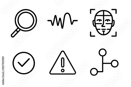Deepfake Detection Icons. Line vector icons of deepfake detection system: lens outline, waveform scan, face grid, verification