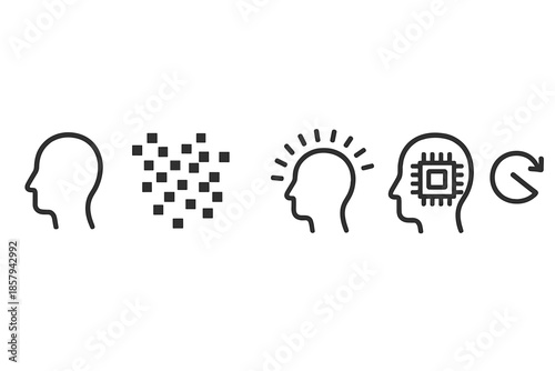Digital Identity Icons. Line vector icons of restored digital persona: silhouette curve, pixel cluster, awakening arc, identity