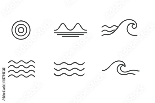 Oceanic Wave Harmony. Line style icons of oceanic wave harmony: ripple ring, balanced tide, calm sea, surf curve, wave rhythm,