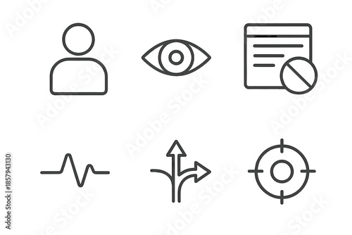 Mindful Media Icons. Line vector icons of mindful media filtering: human figure, attentive eye, feed block, subtle pulse, choice