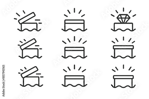Vibrating Discovery Icons. Line style icons of vibrating discovery boxes: box lid, shining rays, motion dash, hidden gem, wavy