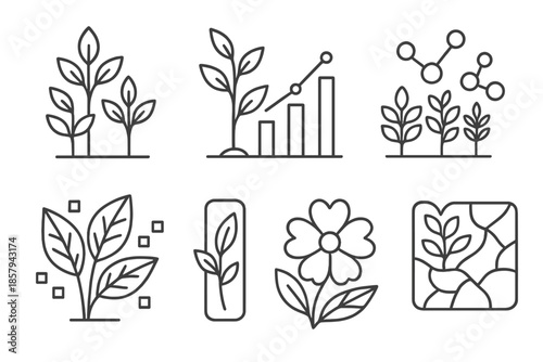 Plant Cluster Metrics Icons. Line style icons of plant cluster metrics: grouped stems, growth graph, cluster lines, data leaves,