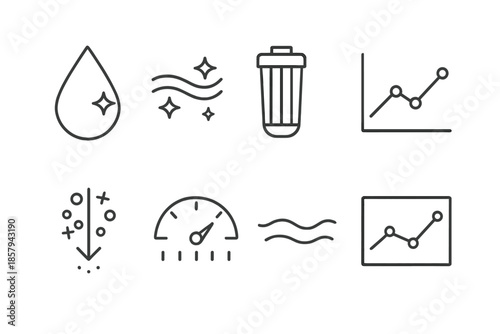 Purification Icon Set. Line style icons of purification tracking: water drop, clean flow, filter cartridge, progress line,