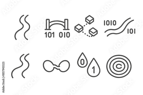 Mini Data Stream Icons. Line style icons of miniature information flow: tiny stream, data bridge, flowing packets, communication