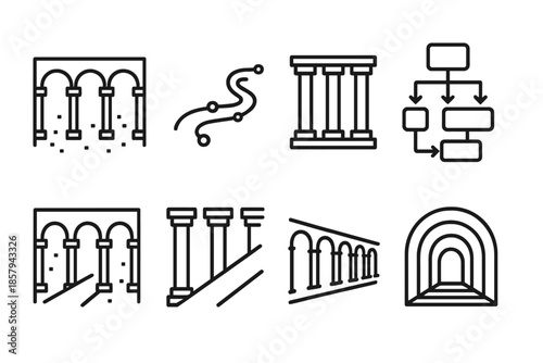 Colonnade Process Icons. Line style icons of colonnade process systems: arched hallway, flowing data line, pillar path, connected