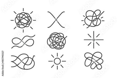 Radiant Tangled Icons. Line style icons of radiant tangled challenges: glossy mesh, highlighted cross, shining knot, flowing twist