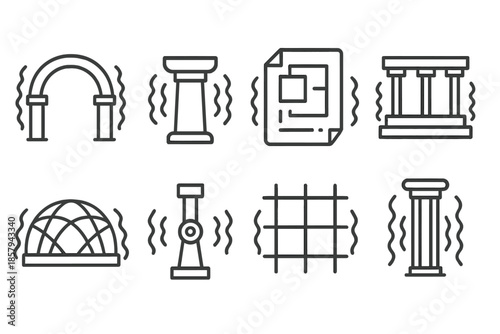 Resonant Architecture Icons. Line style icons of resonant architecture: harmonic arch, echoing support, trembling blueprint,