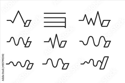 Folded Beat Icons. Line style icons of folded beat indicators: creased rhythm, layered motion, pulse fold, timeline stripe, wavy